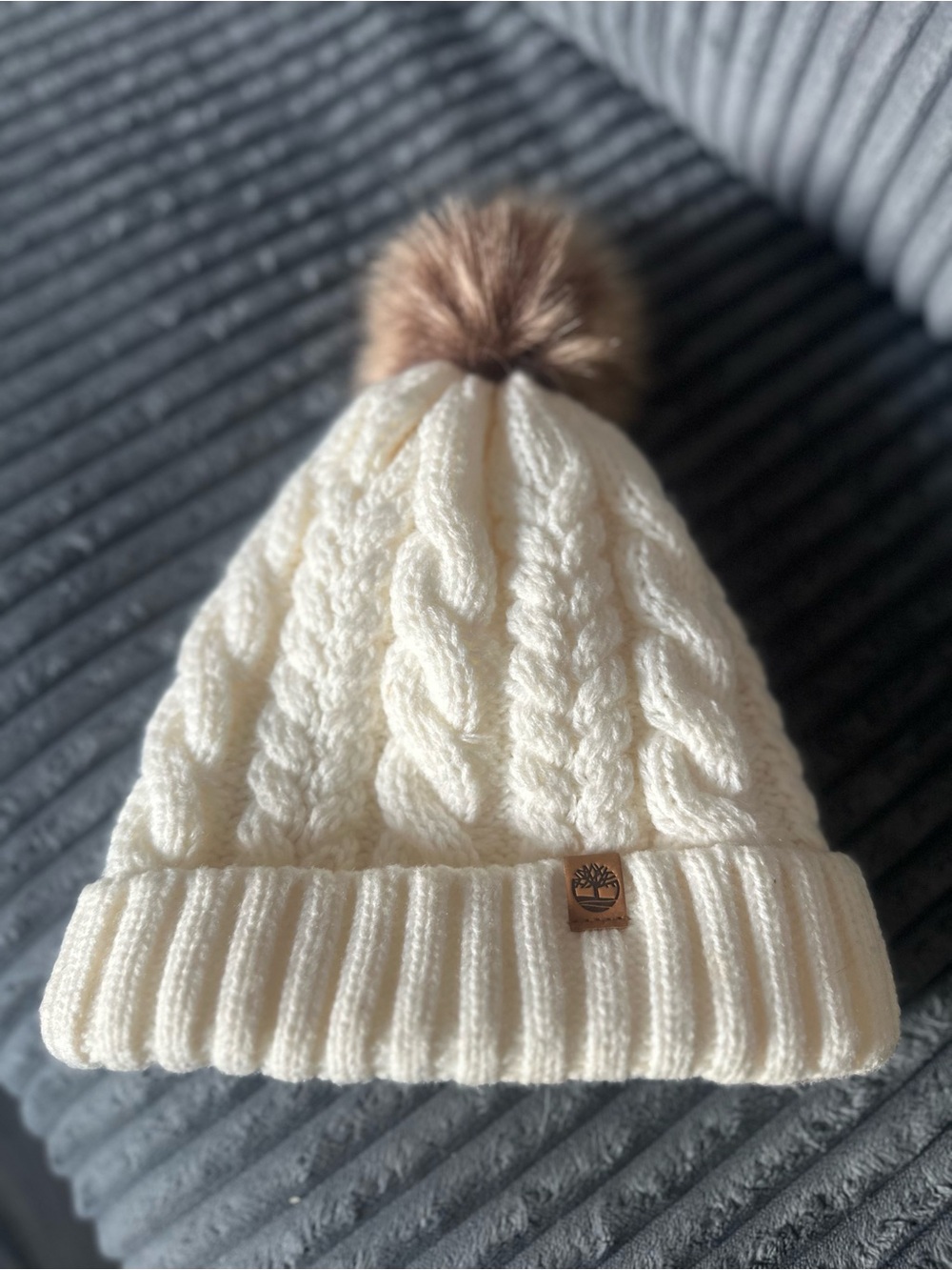 Timberland Women Cream Cable Knit Beanie with Brown Faux Fur Pom Hat